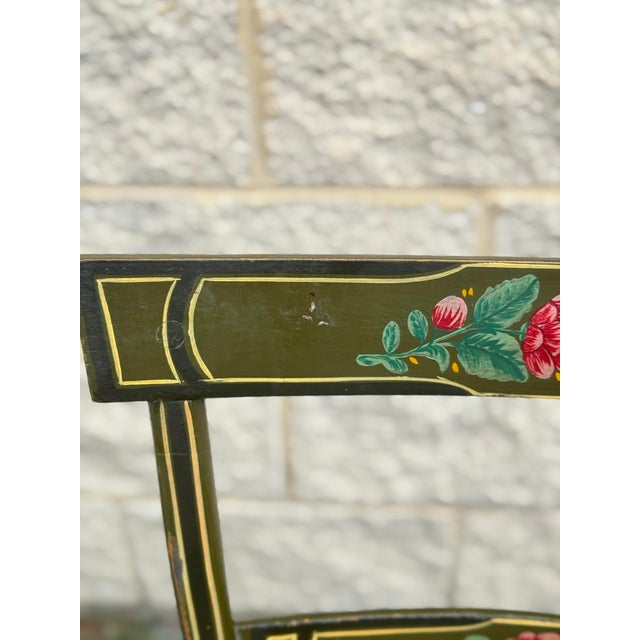 Green Antique American Hand-Painted Floral Folk Art Plank Seat Chairs - Set of 4 For Sale - Image 8 of 12