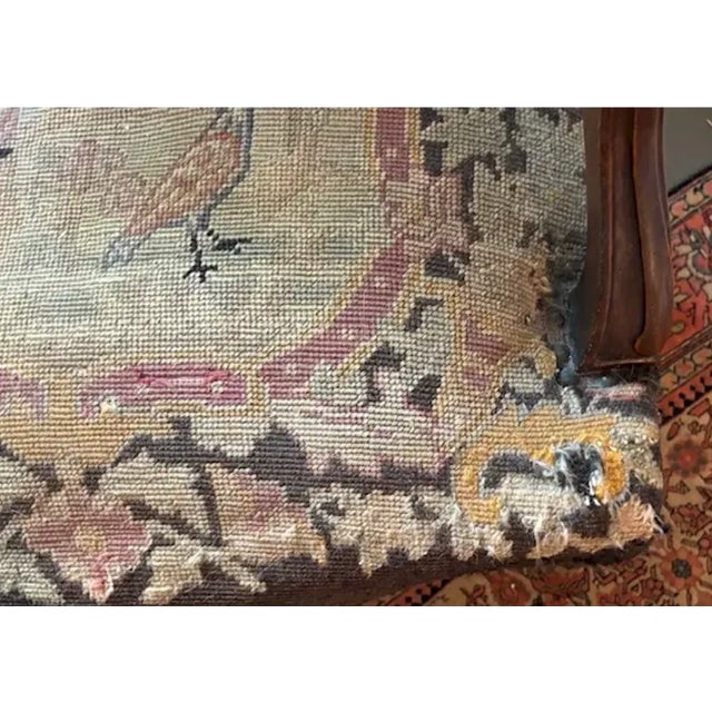 Antique 19th Century French Louis XV Needlepoint Bergere, Fauteuil Chair With Bird and Dog Motif and Velvet Back For Sale - Image 10 of 10