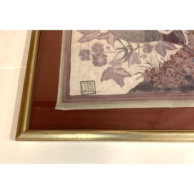 A very well made and decorative Asian weaving depicting two Flycatcher Birds in a Forest setting. One alert bird holds a...