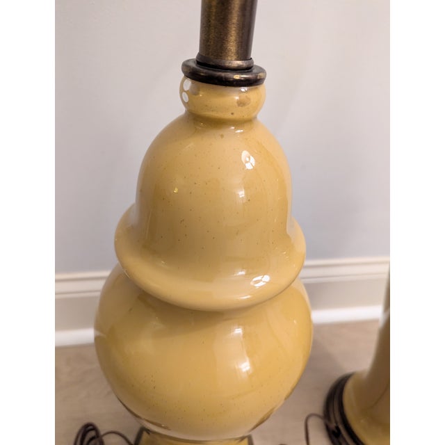 Yellow Mid Century Yellow Ceramic Lamp Pair Ginger Jar Style For Sale - Image 8 of 11