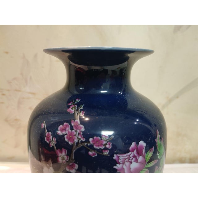 Early 20th Century Chinese Old Ceramic Vase,Qianlong Marked Blue Ground Famille Rose Porcelain Vase Hand Drawing Flowers and Birds Pattern For Sale - Image 5 of 12