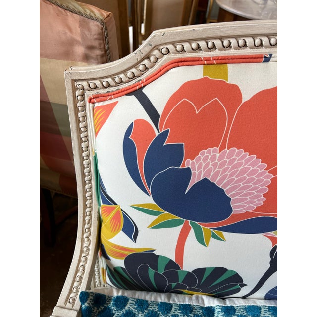 Wood 1970s Vintage Boho Floral Colorful Settee With White Wooden Base For Sale - Image 7 of 11