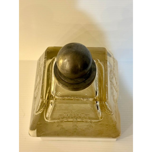 Antique Art Deco Frosted Glass Inkwell With Pewter Orb Lid For Sale - Image 4 of 12