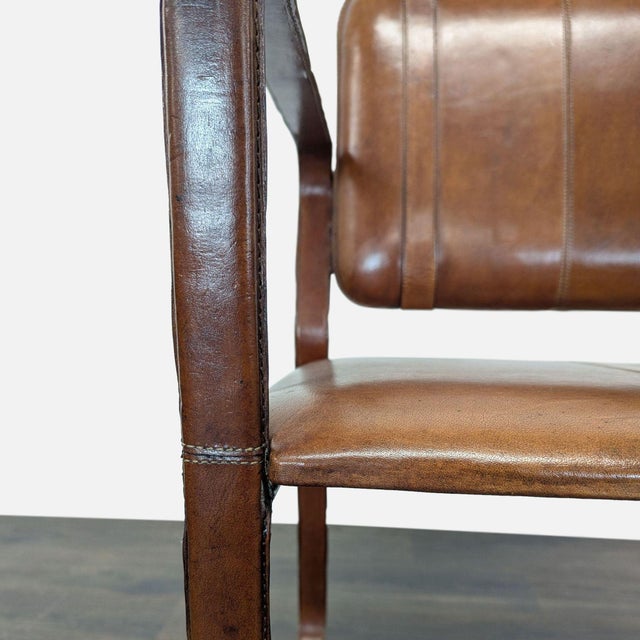 Brown Leather Buckle Lounge Chair With Curved Wooden Frame For Sale - Image 9 of 11