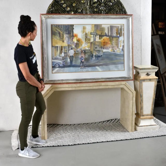 1990s James C. Borden Large Cityscape Street Scene Watercolor Painting Cerused Frame For Sale - Image 4 of 14