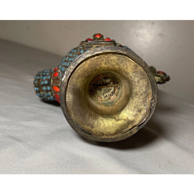 Antique Early 19th Century Handmade Tibetan Coral Turquoise Bronze Pitcher Pot For Sale - Image 12 of 12