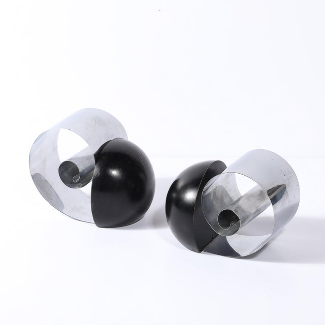 Art Deco Machine Age Spring Steel & Black Enamel Spherical Bookends by Revere For Sale - Image 10 of 14