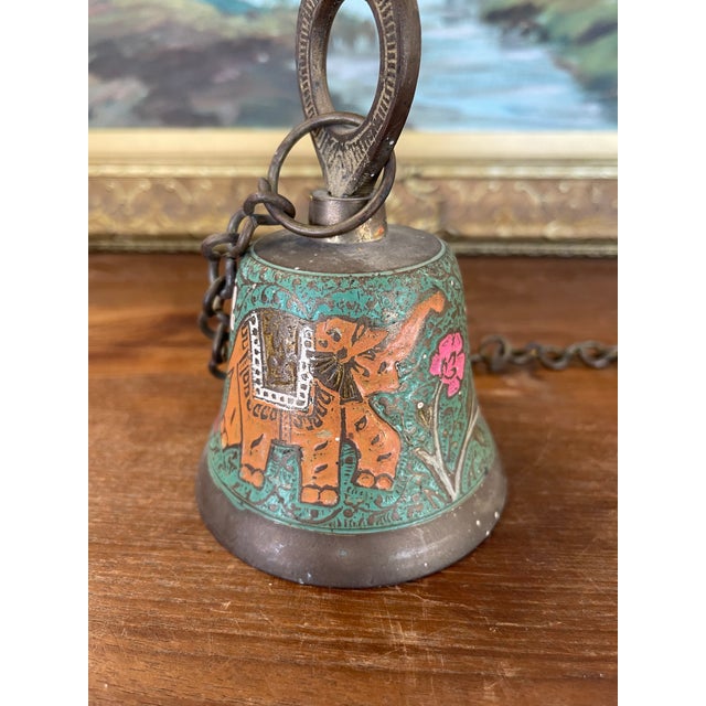 Metal Vintage Brass Toned Hanging Bell With Hand-Painted Elephant and Floral Motifs, India For Sale - Image 7 of 8