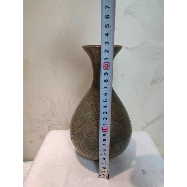 Celadon Chinese Ceramic Vase Yaozhou Ware Celadon Yuhuchun Vase Hand Carved Flowers Pattern For Sale - Image 8 of 10