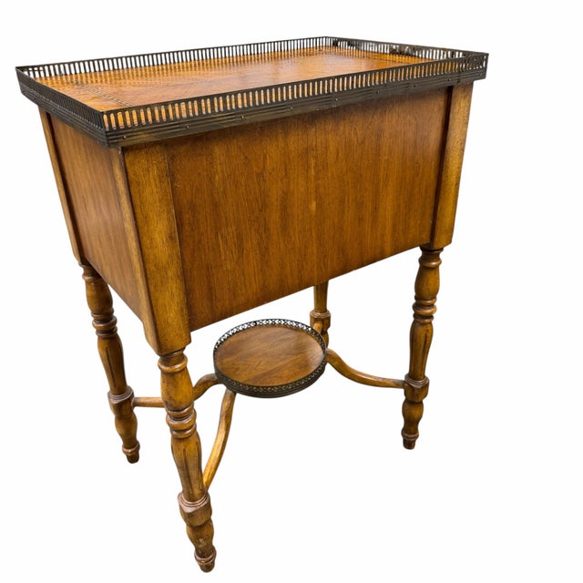 Farmhouse Vintage Two Drawer Birds Eye Wood Brass Gallery Drinks or Side Table For Sale - Image 3 of 11