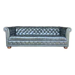 1960s Distressed Olive Green Chesterfield Leather Sofa With Tufted Back & Bun Feet For Sale