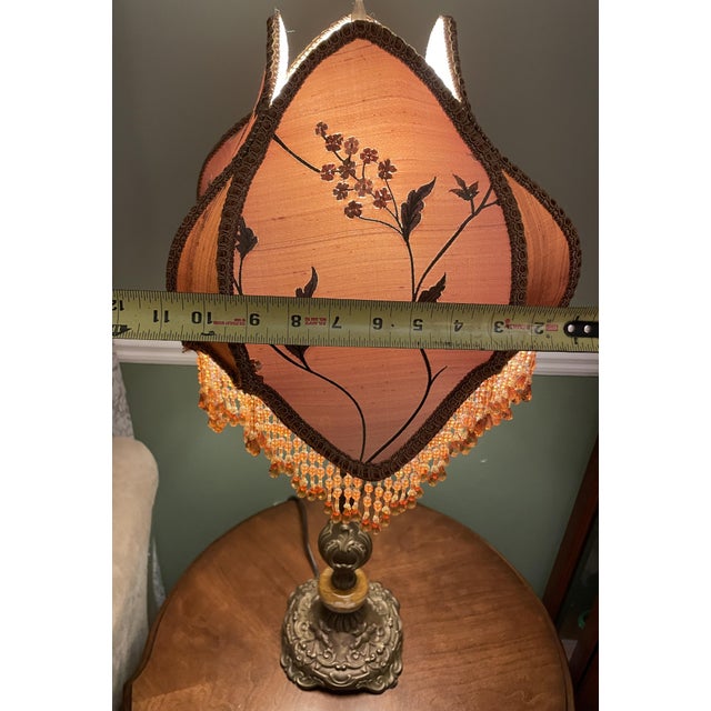 Vintage Victorian Revival Table Lamp Heavy Brass Stone Base Amber Fringe Shade For Sale - Image 14 of 16