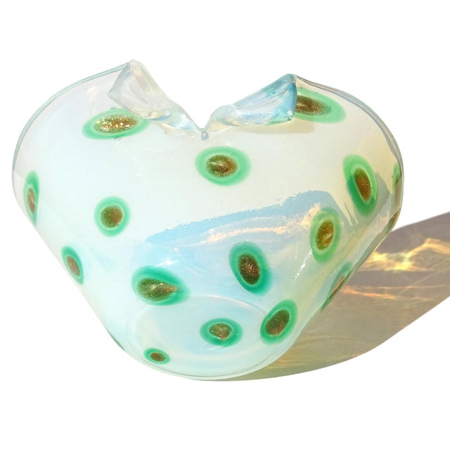 Vintage Fratelli Toso Murano Opalescent White Green Aventurine Spots Italian Art Glass Cut Rim Bowl For Sale - Image 10 of 12