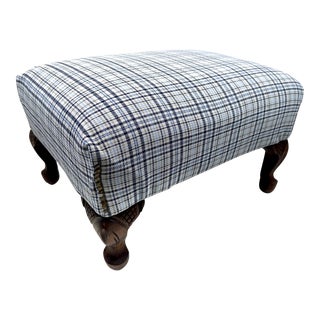 Vintage 1940's Plaid Upholstered Footstool With Ornate Wooden Legs For Sale