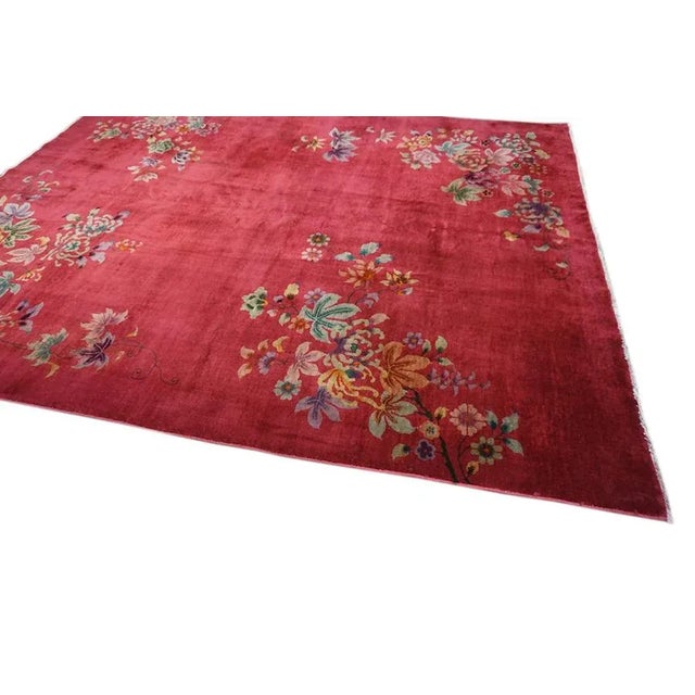1930s Lovely Floral and Inspires Joy With Ruby Red Color Chinese Art Deco Rug For Sale - Image 4 of 9