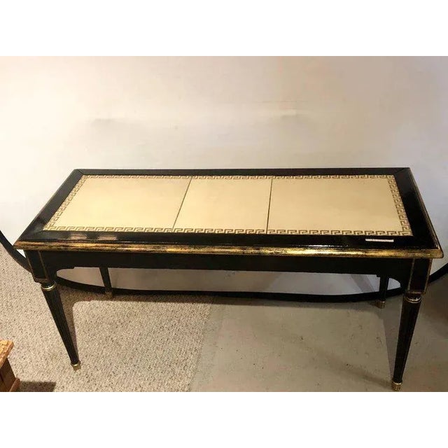 Hollywood Regency Ebonized Jansen Style Coffee Table With a Greek Key Design and Leather Top For Sale - Image 3 of 13