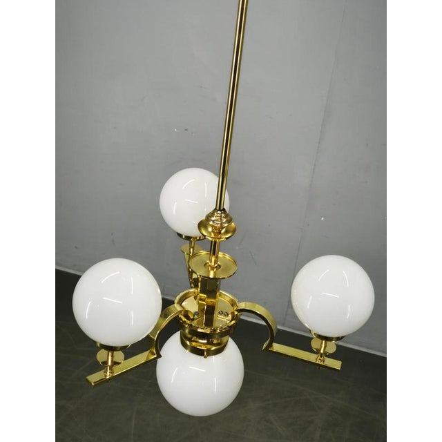 Vintage Art Deco Brass and Opaline Glass Globe Chandelier, Czechoslovakia, 1930s For Sale - Image 9 of 12