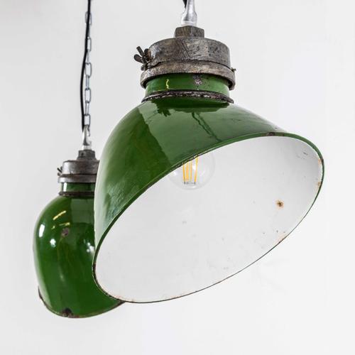 Green Enamelled Cast Top Pendant Lamps from GEC, 1940s, Set of 2 For Sale - Image 6 of 10