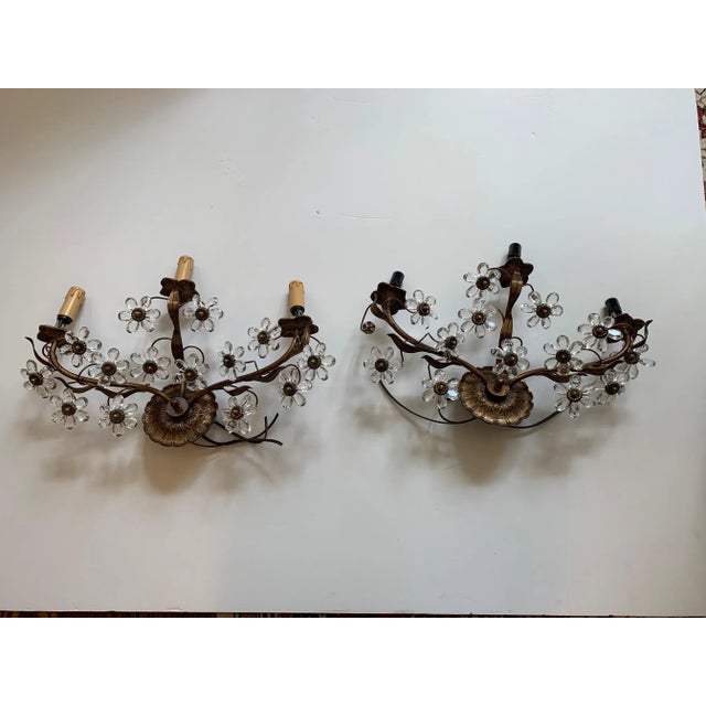 Italian 3 Arm Sconces Encrusted With Crystal Flowers -A Pair For Sale - Image 10 of 10