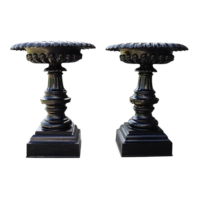 Pair of Large Antique Co-Operative Foundry Figural Cast Iron Garden Urns C1900 For Sale
