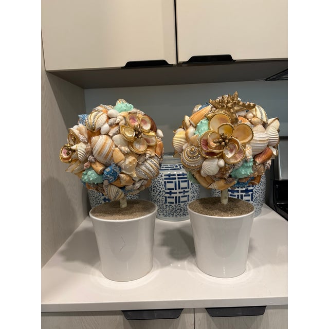 Hollywood Regency Handmade SeashellCoastal Topiaries in White Ceramic Pots - A Pair For Sale - Image 3 of 10