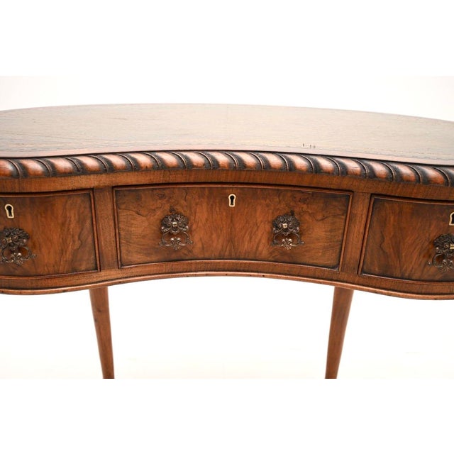 Antique Burr Walnut Leather Top Kidney Shaped Desk, 1900 For Sale - Image 9 of 11