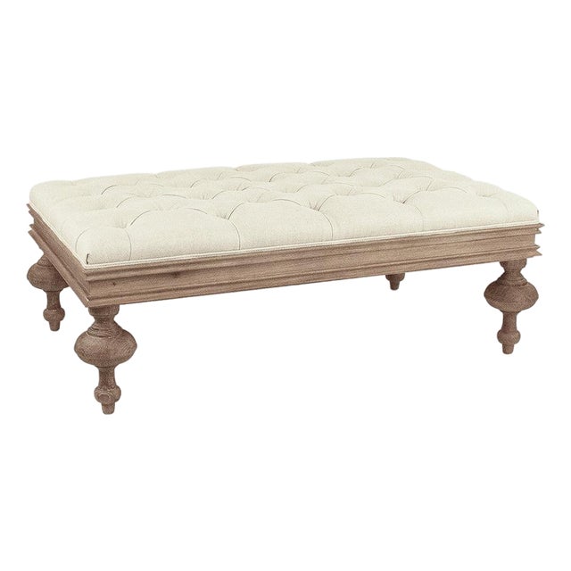 Lara Tufted Ottoman in Linen with Weathered Oak Turned Baluster Legs For Sale