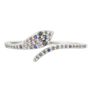 18k White Gold Open Face Multi Sapphire and Diamond Snake Ring Size 7 For Sale