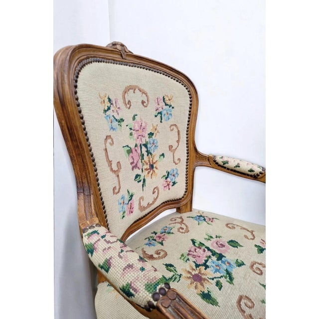Wood Queen Anne Victorian Carved Walnut Armchair with Floral Upholstery, 1920s For Sale - Image 7 of 10