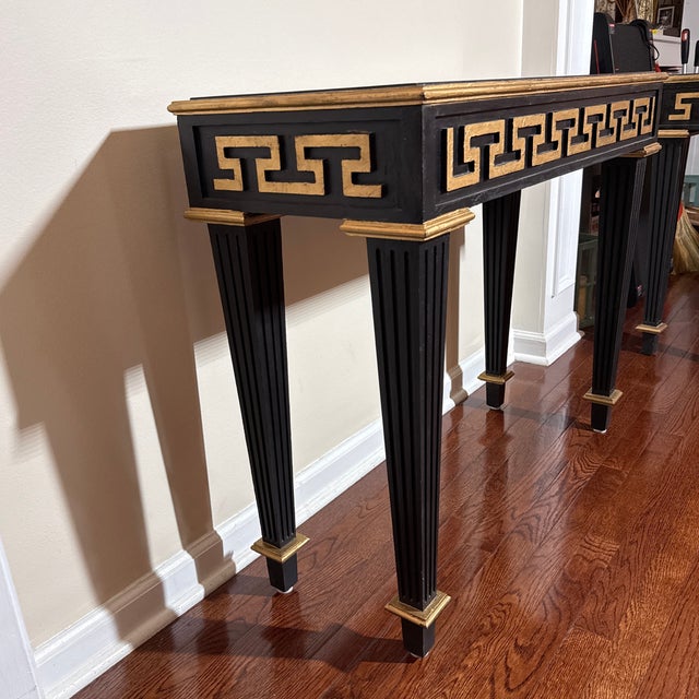 Neoclassical Black Ebonized Console Table Gold Gilt Greek Key Motif For Sale - Image 4 of 7