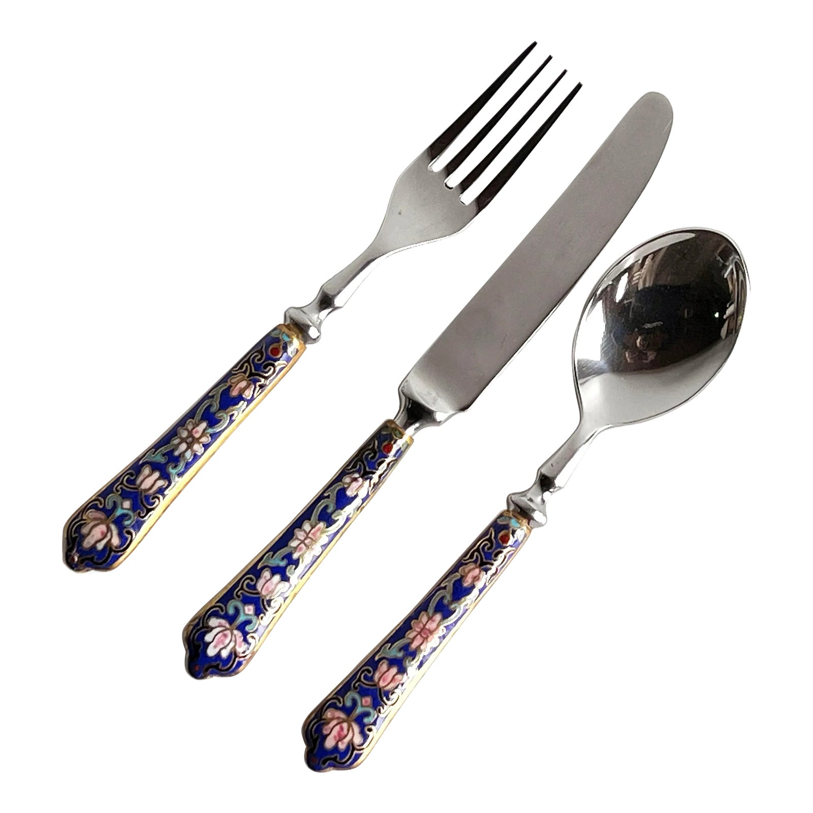 Vintage Cloisonné Flatware Pieces W/ Blue Floral Handles - Set of 3