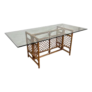 Vintage Bamboo Base Glass Top Dining Table 72”