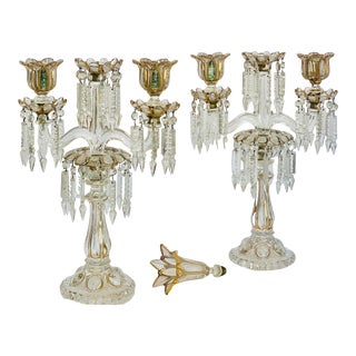 1890s Baccarat French Medallion Candelabras With Gold Trim and White Enamel Accents- a Pair For Sale
