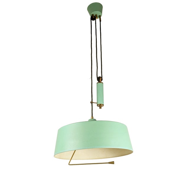 Mid-Century Modern Italian Aquamarine and Brass Counterweight Hanging Lamp from Stilnovo, 1950s For Sale - Image 10 of 10