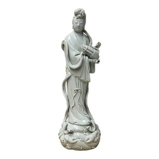 Vintage Off White Porcelain Standing Bodhisattva GuanYin Music Vessel Statue For Sale