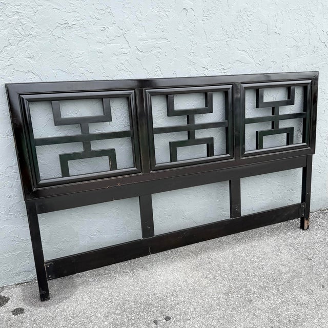 This vintage Chinoiserie king size headboard by Century Furniture showcases the timeless elegance and geometric influence...