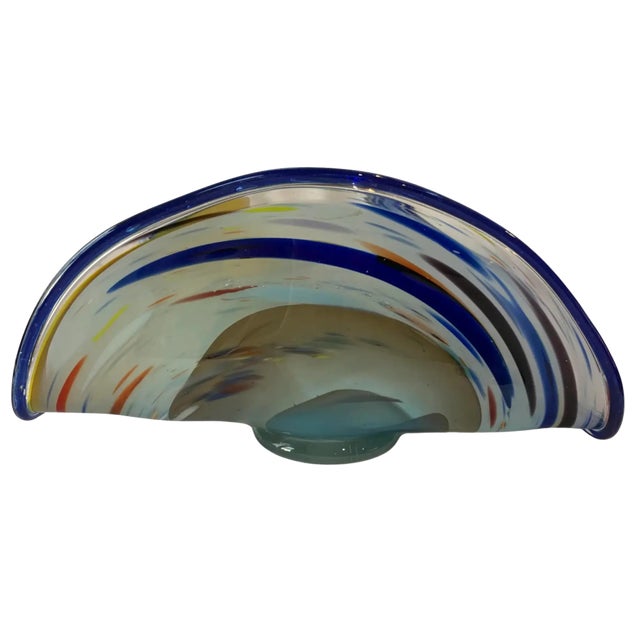 Glass Art Glass Signed Michael Peluso Blue Swirl Clam Shaped Vase For Sale - Image 7 of 14