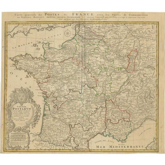 Homann Heirs Map of France Antique Hand-Colored, 1745 For Sale