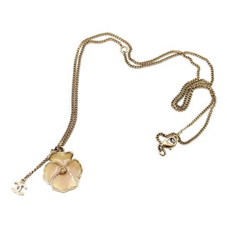 Chanel Gold CC Pink Camellia Flower Necklace For Sale