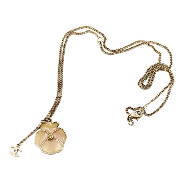 Chanel Gold CC Pink Camellia Flower Necklace For Sale