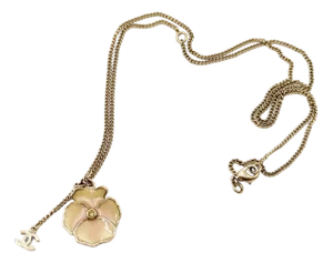 Chanel Gold CC Pink Camellia Flower Necklace
