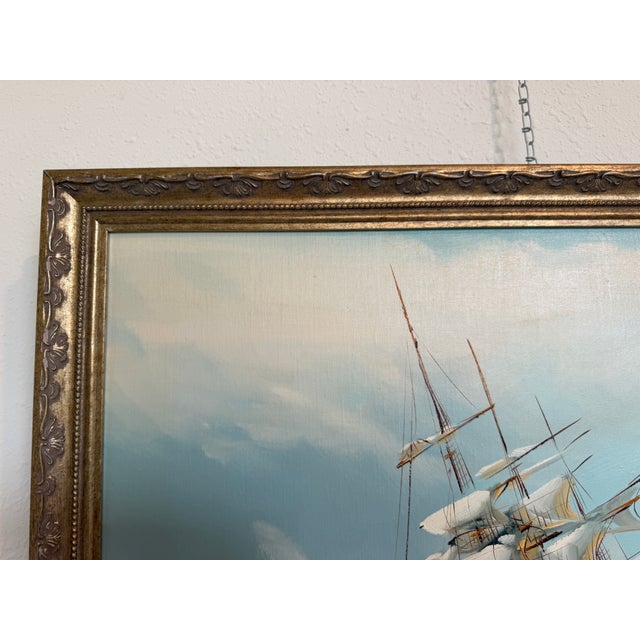 Textile Late 20th Century Listed Artist Hewett Jackson Original Oil Painting | Tall Ship Seascape | Framed For Sale - Image 7 of 14