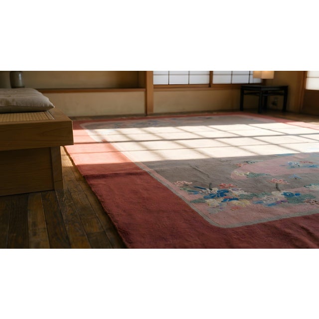 1920s Gray Floral Antique Chinese Art Deco Rug 9'2" X 11'9" Handknotted Wool Carpet For Sale In New York - Image 6 of 8