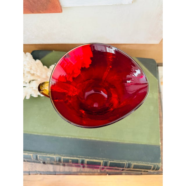 1980s Vintage Art Glass Pitcher Attributed to Blenko Ruby Red With Amber Handle Mid Century Modern For Sale - Image 5 of 9