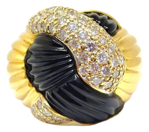 Vintage 18k Gold Fluted Black Onyx and Diamond Knot Style Ring, Size 6.75