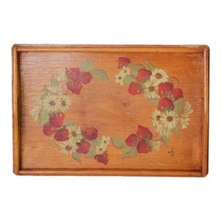 1974 Signed Hand-Painted Strawberry Wooden Tray For Sale