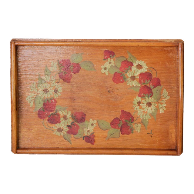 1974 Signed Hand-Painted Strawberry Wooden Tray For Sale