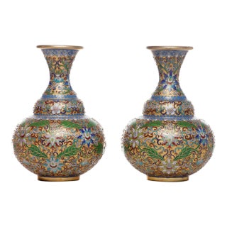 Antique Chinese Champleve Cloisonne Vase Pair For Sale