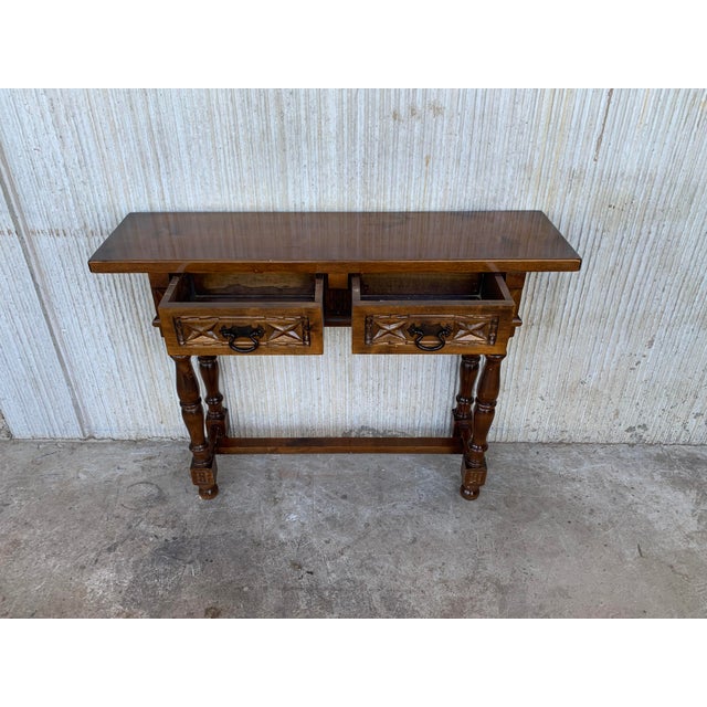 Brown 20th Century Spanish Tuscan Console Table With Two Drawers and Turned Legs For Sale - Image 8 of 13