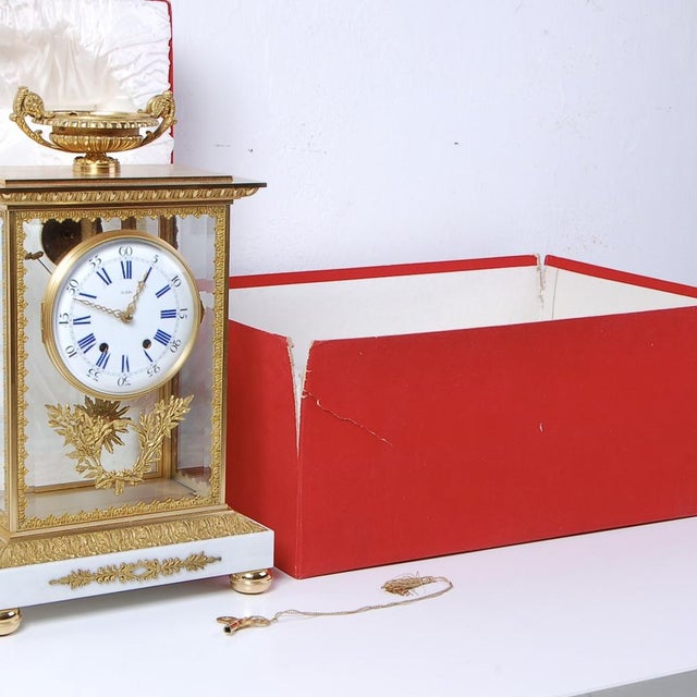 Traditional Empire Napoleon III Style Table Clock with White Carrara Marble Base, 1980s For Sale - Image 3 of 14